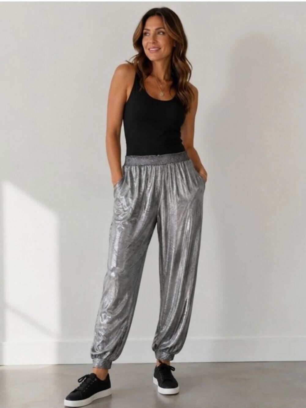 Anthropologie Metallic Harem Jogger Pants Small Silver Pull-On Stretch NEW
